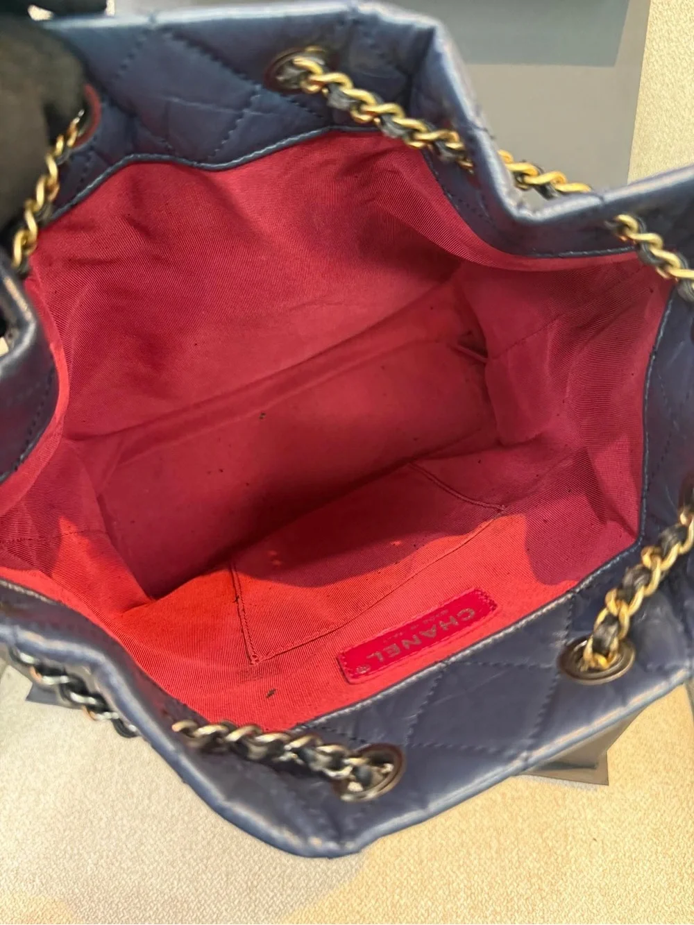 CHANEL Navy Quilted Leather Drawstring Shoulder Bag with Black Base Medium